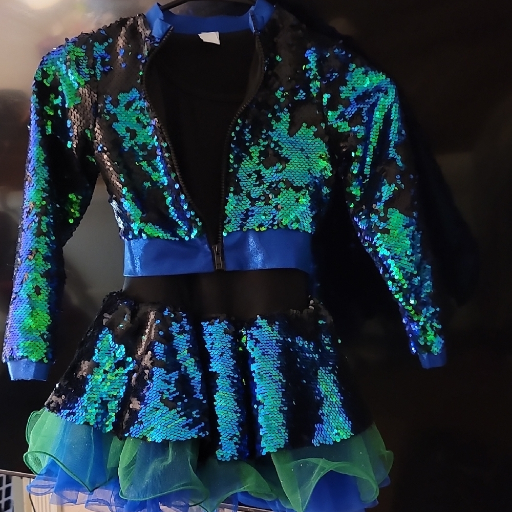 Kids Sequin Motorcycle Jacket And Dress Pageant Costume - Blue and Green